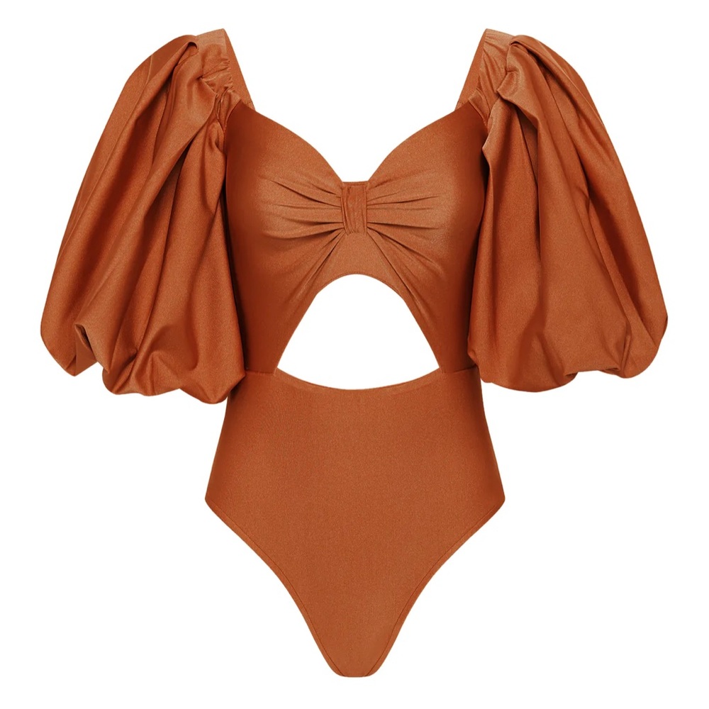 Fe Noel Puff Sleeve Bodysuit/Swimsuit in Rust, Size XS